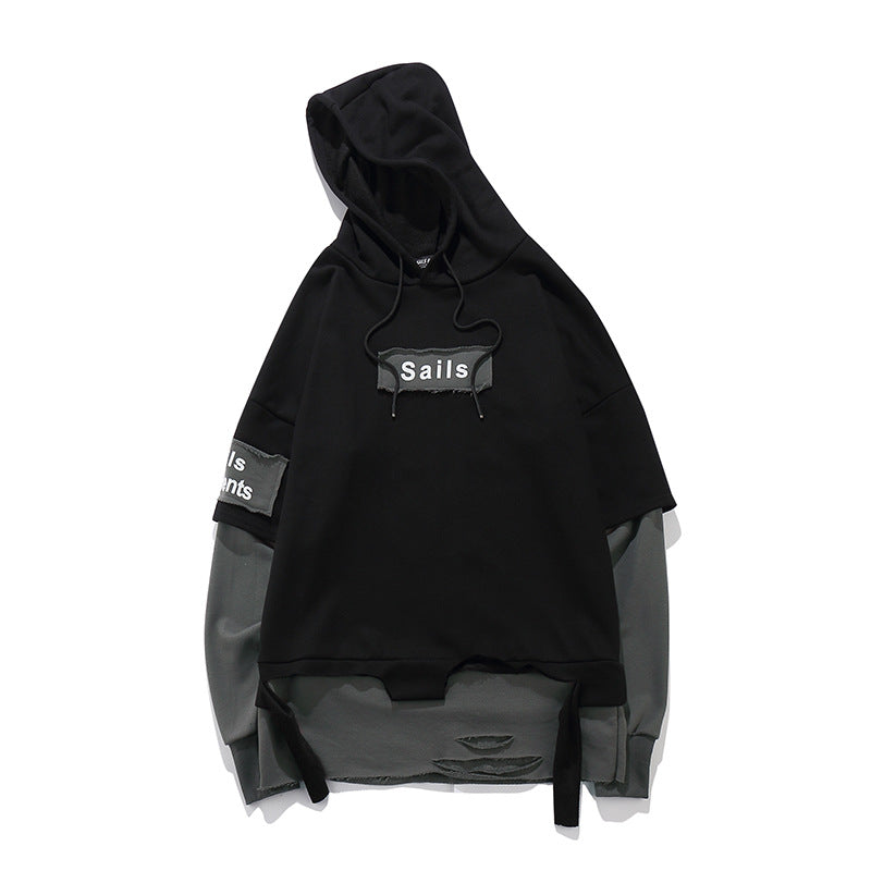 Men's loose fake two long-sleeved hoodies hole cut through hip-hop tide brand men's hurricane print hooded sweater